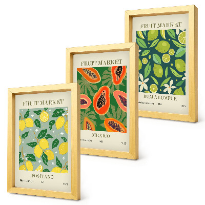 Conjunto de 3 quadros decorativos Padrões frutados de limões, mamões e limas.