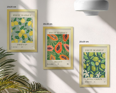 Conjunto de 3 quadros decorativos Padrões frutados de limões, mamões e limas.