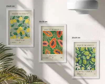 Conjunto de 3 quadros decorativos com padrões frutados de limões, mamões e limas