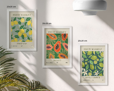 Conjunto de 3 quadros decorativos Padrões frutados de limões, mamões e limas.