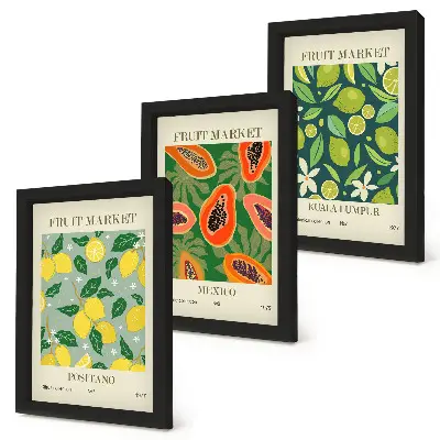 Conjunto de 3 quadros decorativos com padrões frutados de limões, mamões e limas