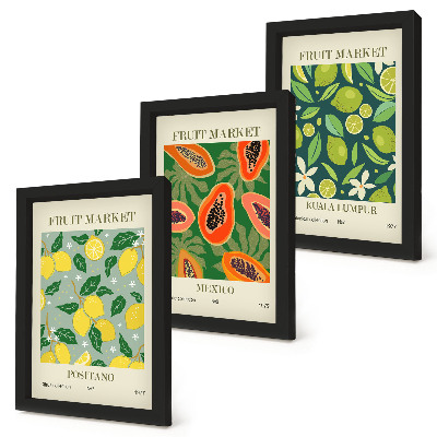 Conjunto de 3 quadros decorativos Padrões frutados de limões, mamões e limas.