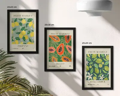 Conjunto de 3 quadros decorativos com padrões frutados de limões, mamões e limas