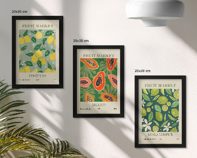 Conjunto de 3 quadros decorativos Padrões frutados de limões, mamões e limas.