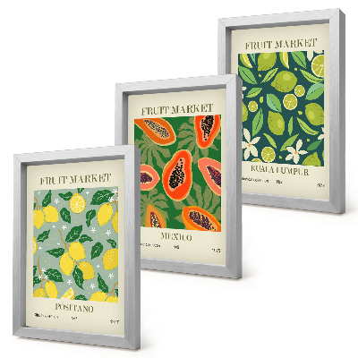 Conjunto de 3 quadros decorativos Padrões frutados de limões, mamões e limas.