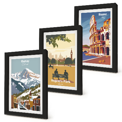 Conjunto de molduras com imagens As montanhas do Parque Ouray em Londres. O Coliseu em Roma.