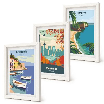 Tríptico com moldura Paisagens urbanas e rurais da Grécia, Canadá e Austrália.