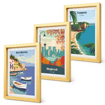 Tríptico com moldura Paisagens urbanas e rurais da Grécia, Canadá e Austrália.