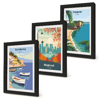 Tríptico com moldura Paisagens urbanas e rurais da Grécia, Canadá e Austrália.