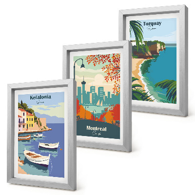 Tríptico com moldura Paisagens urbanas e rurais da Grécia, Canadá e Austrália.