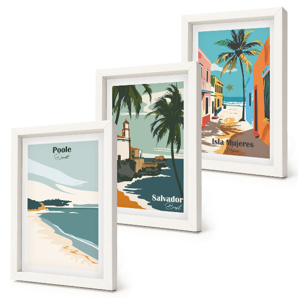 Conjunto de 3 quadros decorativos Paisagens tropicais com praias e palmeiras