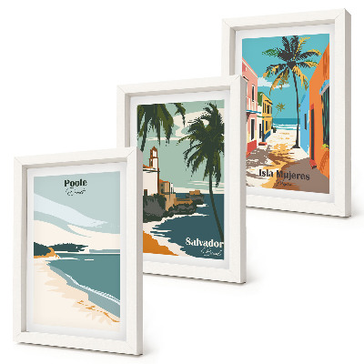 Conjunto de 3 quadros decorativos Paisagens tropicais com praias e palmeiras