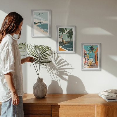 Conjunto de 3 quadros decorativos Paisagens tropicais com praias e palmeiras