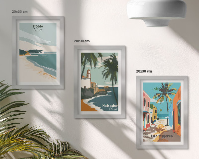 Conjunto de 3 quadros decorativos Paisagens tropicais com praias e palmeiras