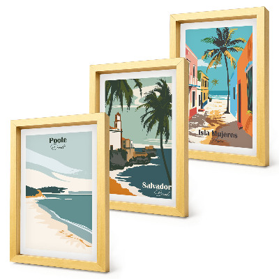 Conjunto de 3 quadros decorativos Paisagens tropicais com praias e palmeiras