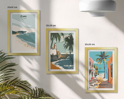 Conjunto de 3 quadros decorativos Paisagens tropicais com praias e palmeiras