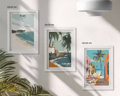 Conjunto de 3 quadros decorativos Paisagens tropicais com praias e palmeiras