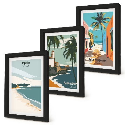Conjunto de 3 quadros decorativos Paisagens tropicais com praias e palmeiras