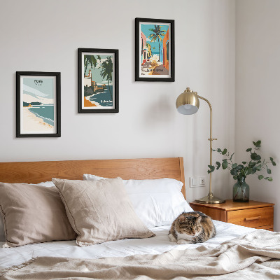 Conjunto de 3 quadros decorativos Paisagens tropicais com praias e palmeiras