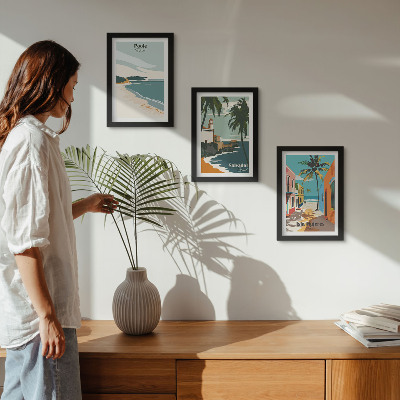 Conjunto de 3 quadros decorativos Paisagens tropicais com praias e palmeiras