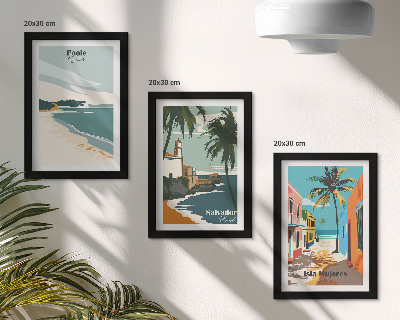 Conjunto de 3 quadros decorativos Paisagens tropicais com praias e palmeiras