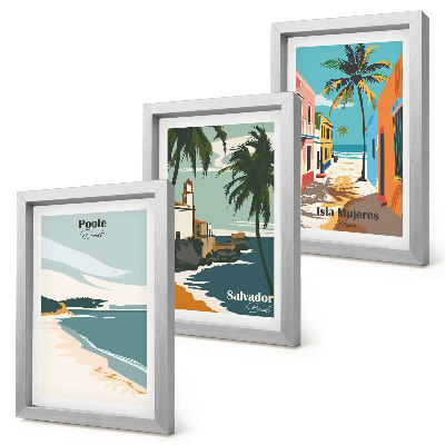 Conjunto de 3 quadros decorativos Paisagens tropicais com praias e palmeiras