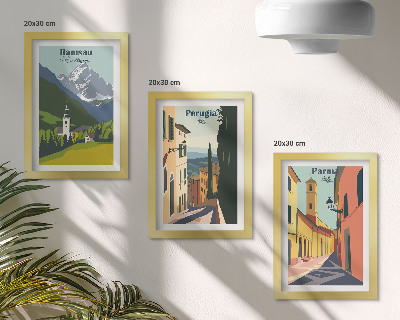 Tríptico com moldura Paisagens montanhosas e ruas de cidades italianas