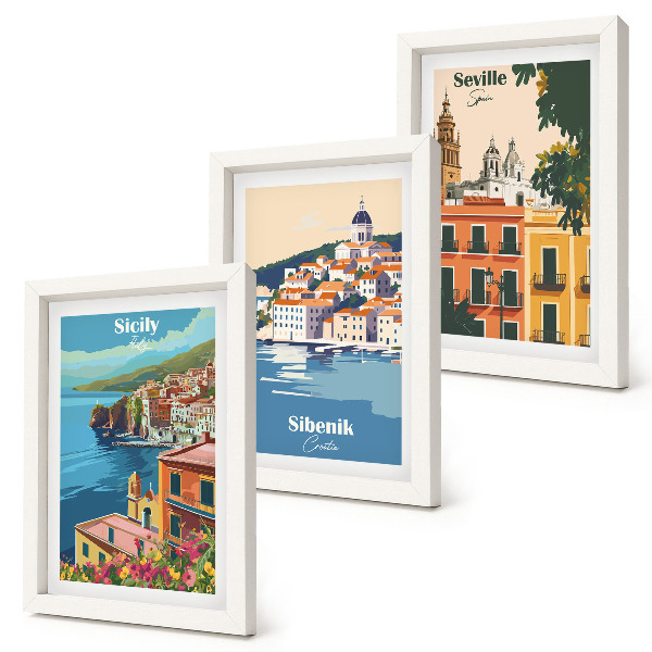Conjunto de 3 quadros decorativos Paisagens de cidades europeias com edifícios coloridos.