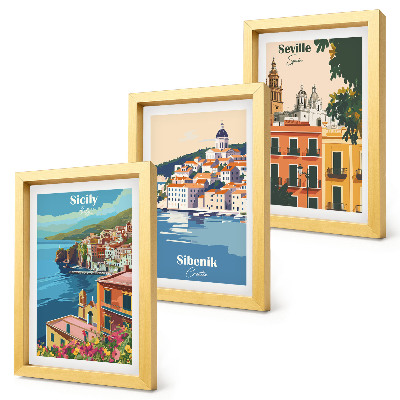 Conjunto de 3 quadros decorativos Paisagens de cidades europeias com edifícios coloridos.