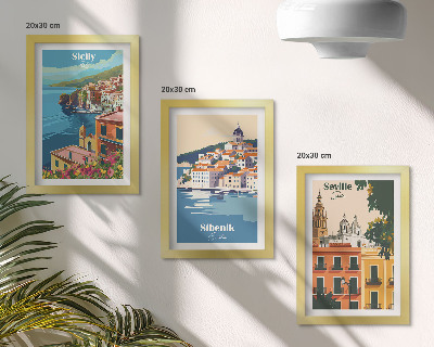 Conjunto de 3 quadros decorativos Paisagens de cidades europeias com edifícios coloridos.