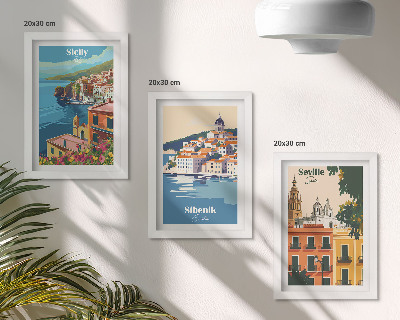 Conjunto de 3 quadros decorativos Paisagens de cidades europeias com edifícios coloridos.