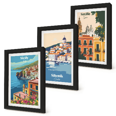 Conjunto de 3 quadros decorativos Paisagens de cidades europeias com edifícios coloridos.