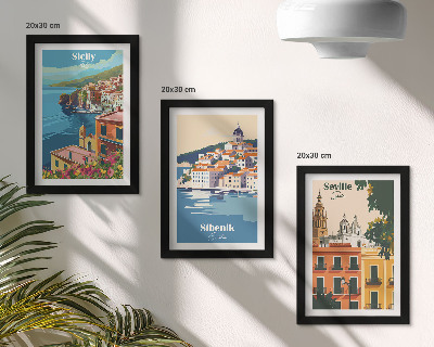 Conjunto de 3 quadros decorativos Paisagens de cidades europeias com edifícios coloridos.