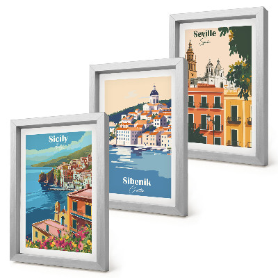 Conjunto de 3 quadros decorativos Paisagens de cidades europeias com edifícios coloridos.