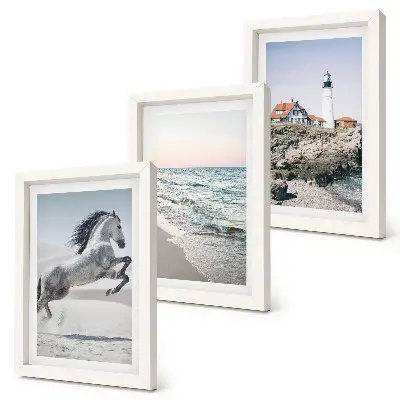 Conjunto de quadros com imagens cavalos correndo na praia e ondas do farol