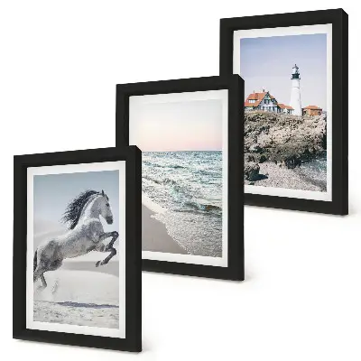 Conjunto de quadros com imagens cavalos correndo na praia e ondas do farol