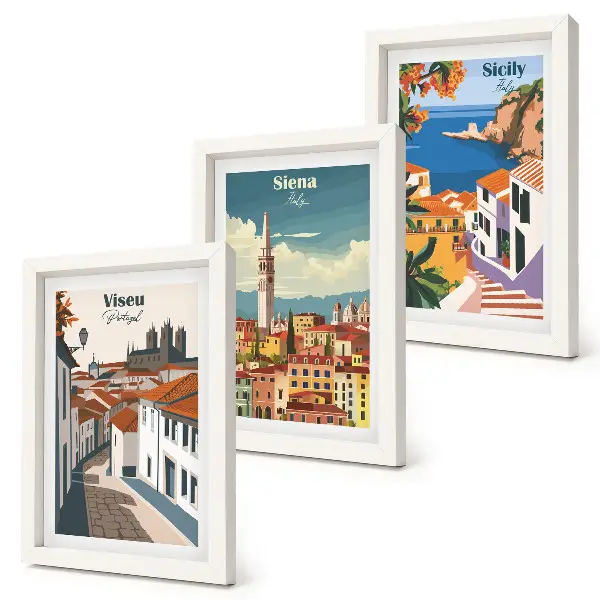 Conjunto de 3 quadros decorativos com ilustrações retrô de cidades famosas ao redor do mundo