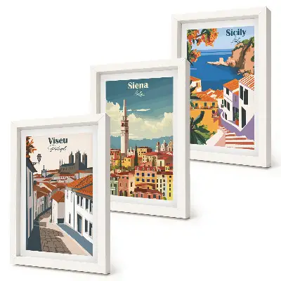 Conjunto de 3 quadros decorativos com ilustrações retrô de cidades famosas ao redor do mundo