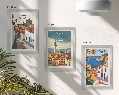 Conjunto de 3 quadros decorativos com ilustrações retrô de cidades famosas ao redor do mundo