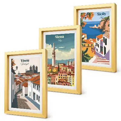 Conjunto de 3 quadros decorativos com ilustrações retrô de cidades famosas ao redor do mundo