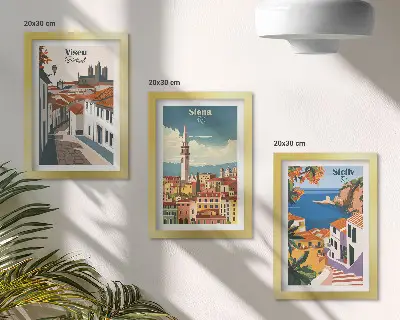 Conjunto de 3 quadros decorativos com ilustrações retrô de cidades famosas ao redor do mundo