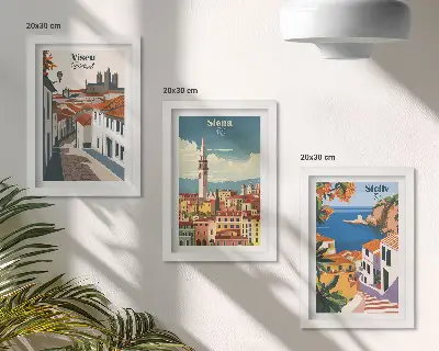 Conjunto de 3 quadros decorativos com ilustrações retrô de cidades famosas ao redor do mundo