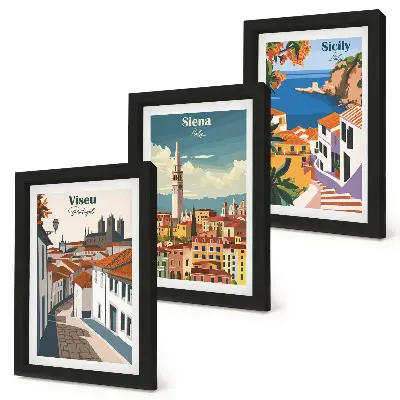 Conjunto de 3 quadros decorativos com ilustrações retrô de cidades famosas ao redor do mundo