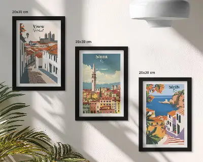 Conjunto de 3 quadros decorativos com ilustrações retrô de cidades famosas ao redor do mundo