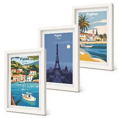 Conjunto de 3 quadros decorativos Vistas de cidades costeiras e sua arquitetura.