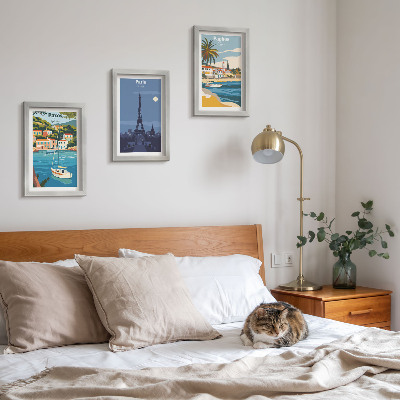 Conjunto de 3 quadros decorativos Vistas de cidades costeiras e sua arquitetura.