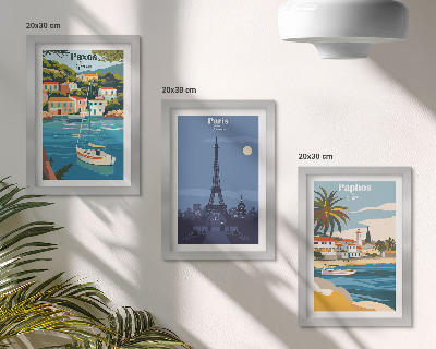 Conjunto de 3 quadros decorativos Vistas de cidades costeiras e sua arquitetura.