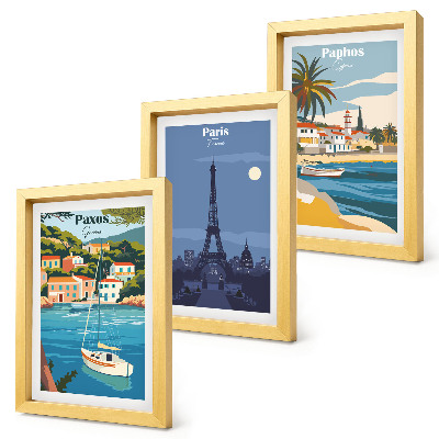Conjunto de 3 quadros decorativos Vistas de cidades costeiras e sua arquitetura.