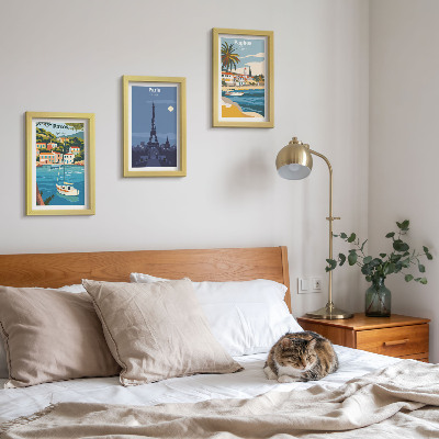 Conjunto de 3 quadros decorativos Vistas de cidades costeiras e sua arquitetura.