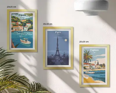 Conjunto de 3 quadros decorativos com vistas de cidades costeiras e sua arquitetura